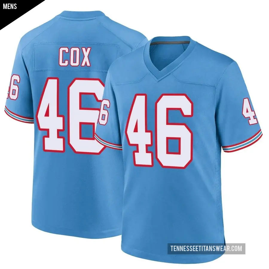 Men's Tennessee Titans ＃46 Morgan Cox Light Blue Game Oilers Throwback Alternate Jersey