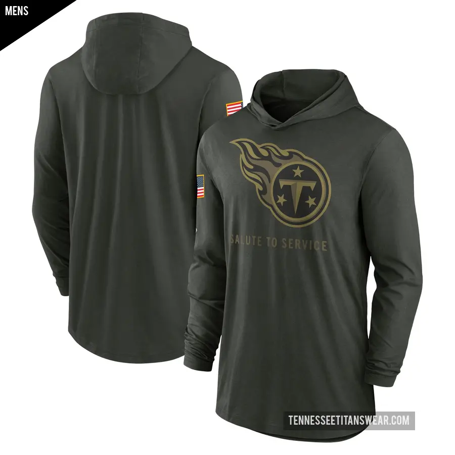 Men's Tennessee Titans Green Forest 2025 Salute to Service Sideline Lightweight Long Sleeve Hooded Pullover T-Shirt
