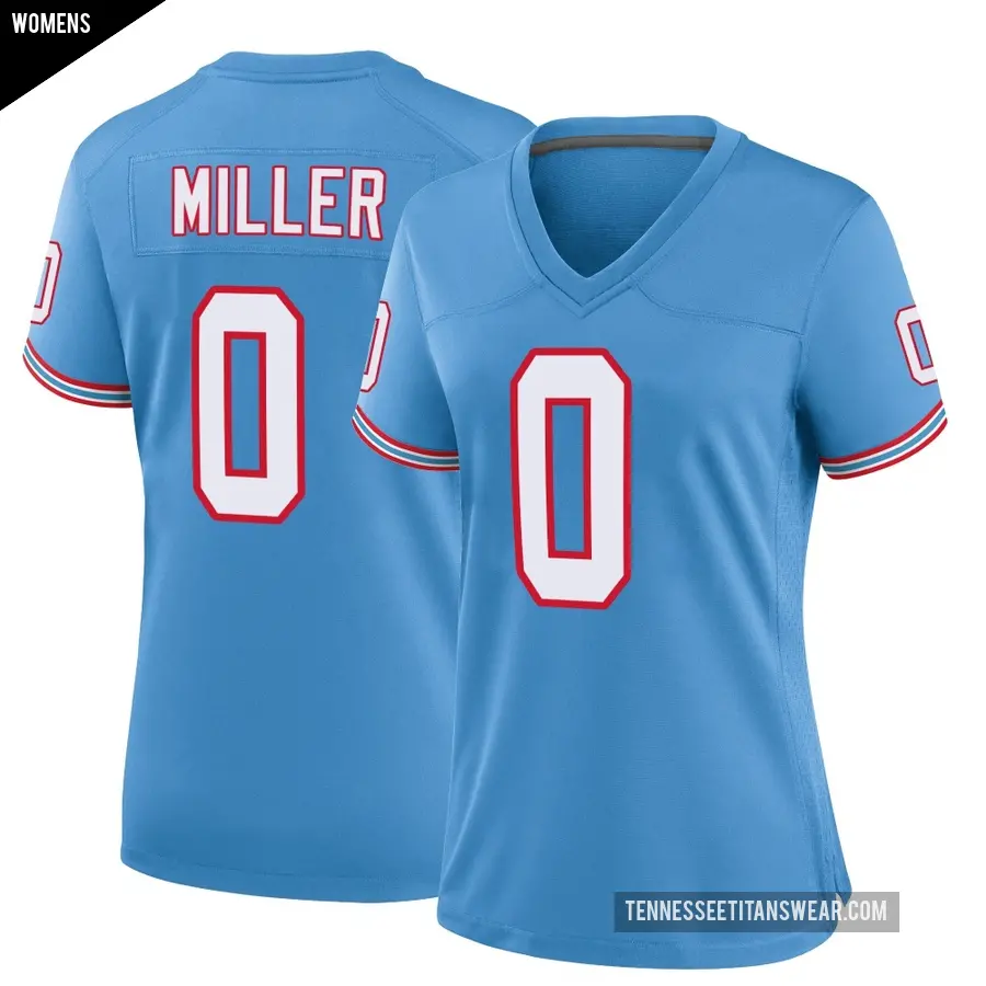Women's Tennessee Titans ＃0 Rasheed Miller Light Blue Game Oilers Throwback Alternate Jersey