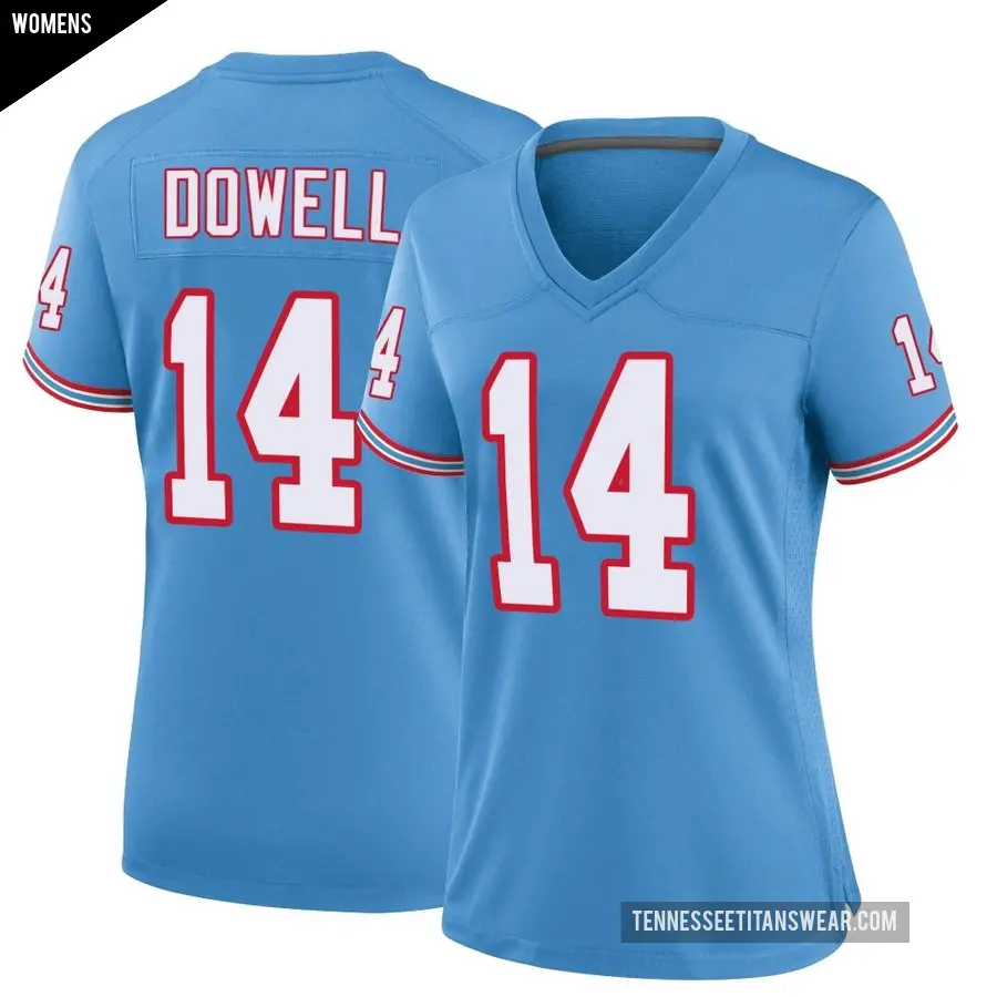 Women's Tennessee Titans ＃14 Colton Dowell Light Blue Game Oilers Throwback Alternate Jersey