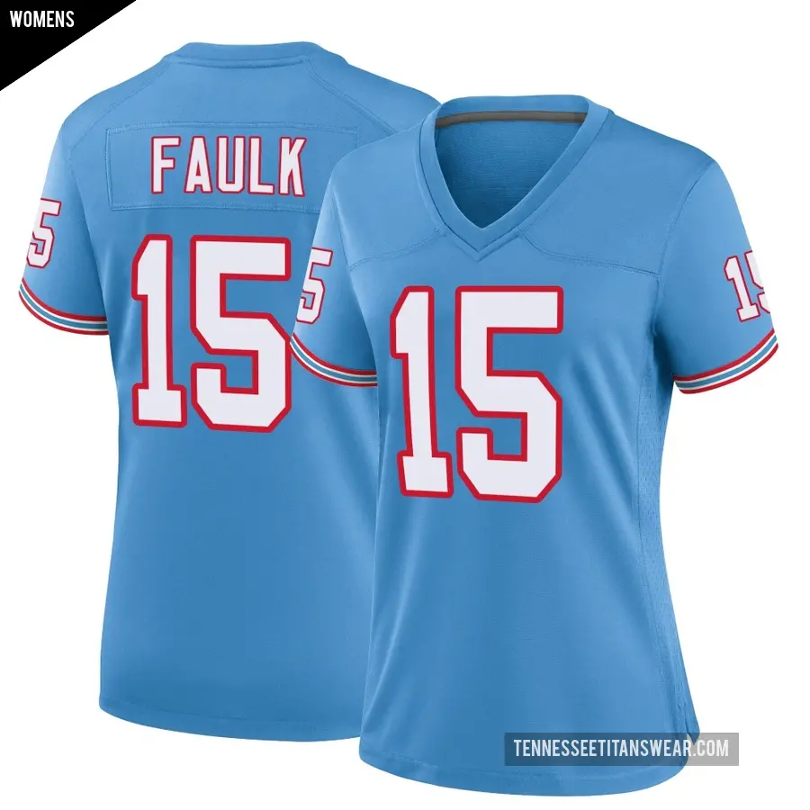 Women's Tennessee Titans ＃15 Keldric Faulk Light Blue Game Oilers Throwback Alternate Jersey