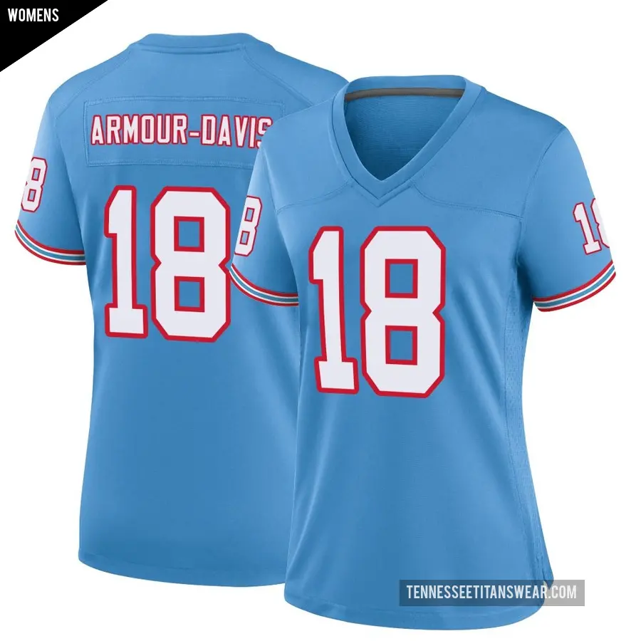 Women's Tennessee Titans ＃18 Jalyn Armour-Davis Light Blue Game Oilers Throwback Alternate Jersey