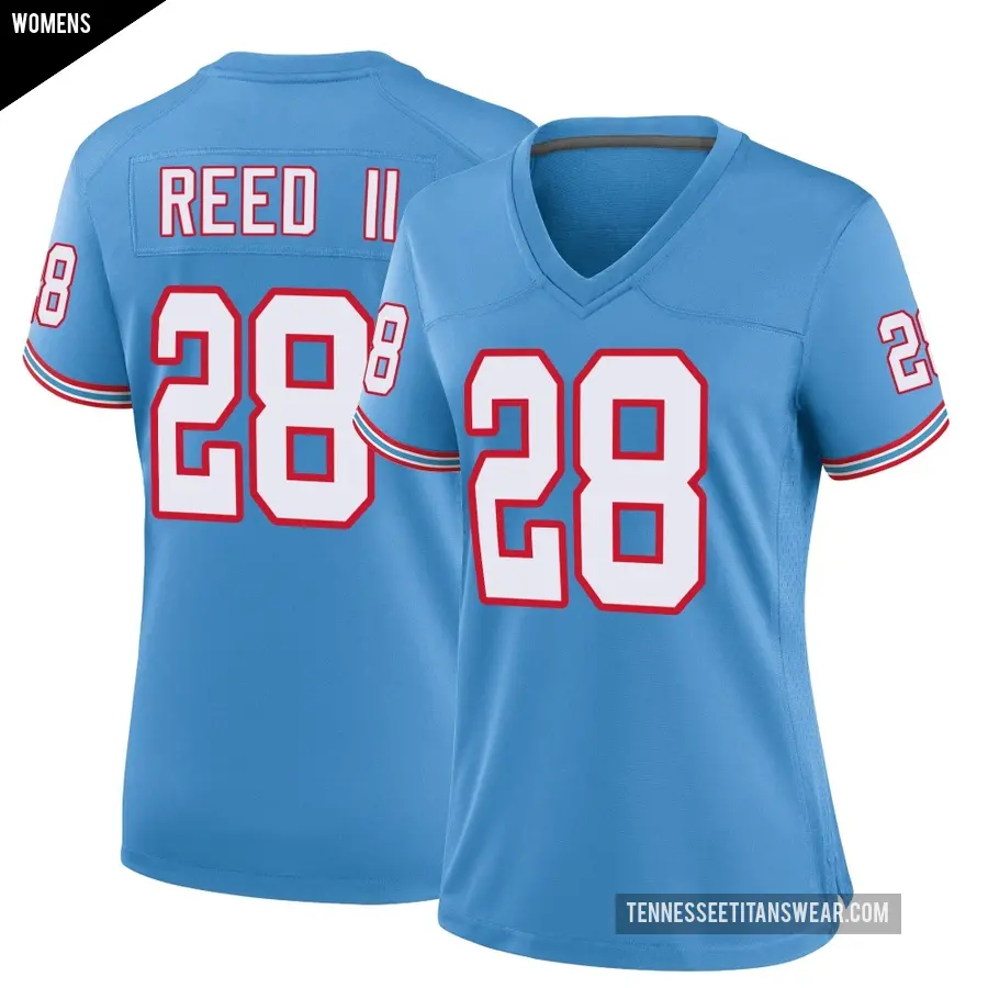 Women's Tennessee Titans ＃28 Jerrick Reed II Light Blue Game Oilers Throwback Alternate Jersey