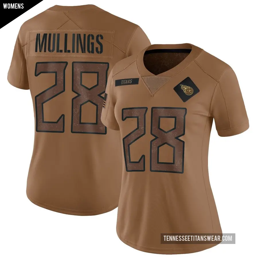 Women's Tennessee Titans ＃28 Kalel Mullings Brown Limited 2023 Salute To Service Jersey