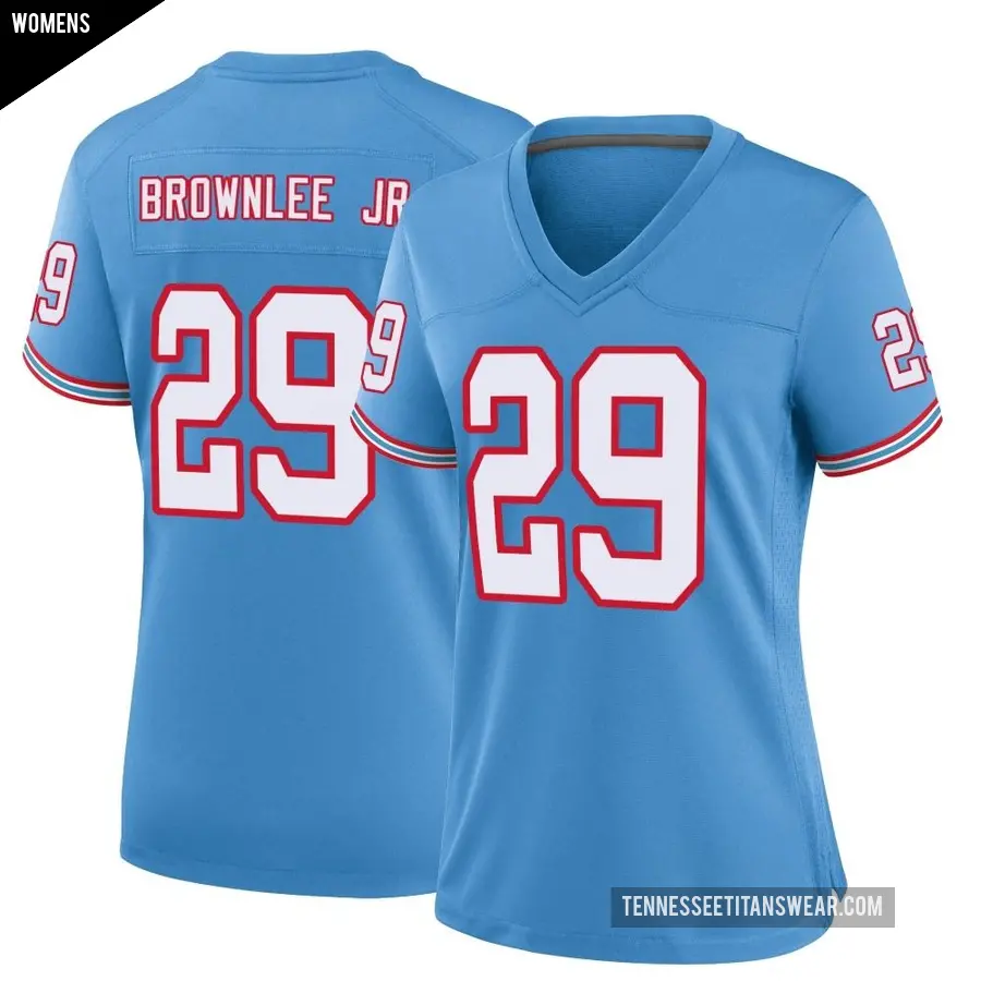Women's Tennessee Titans ＃29 Jarvis Brownlee Jr. Light Blue Game Oilers Throwback Alternate Jersey