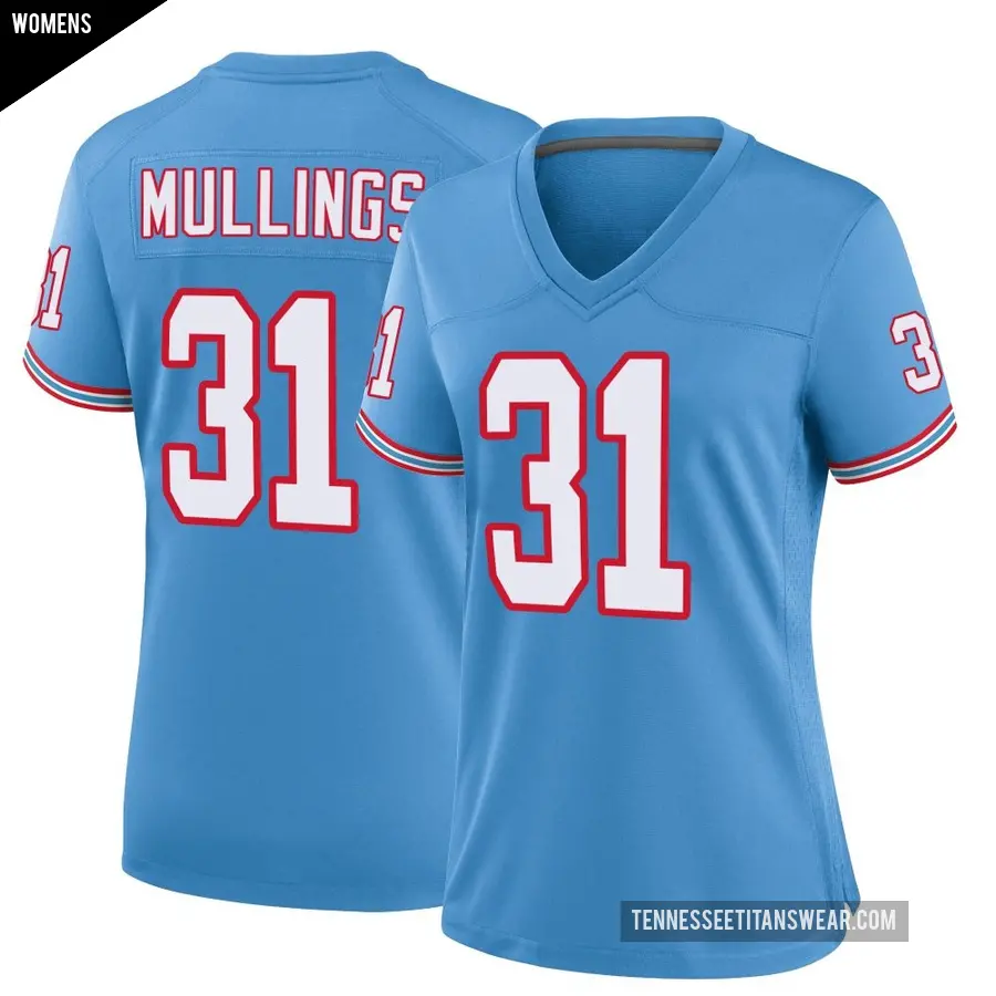 Women's Tennessee Titans ＃31 Kalel Mullings Light Blue Game Oilers Throwback Alternate Jersey