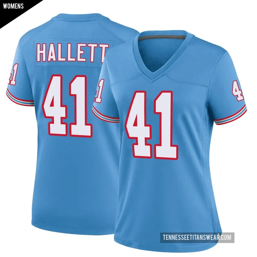 Women's Tennessee Titans ＃41 Erick Hallett Light Blue Game Oilers Throwback Alternate Jersey