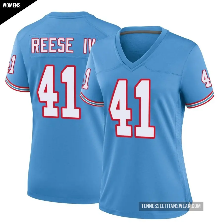 Women's Tennessee Titans ＃41 Otis Reese IV Light Blue Game Oilers Throwback Alternate Jersey
