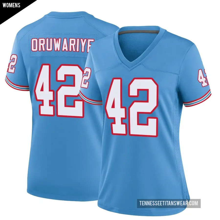 Women's Tennessee Titans ＃42 Amani Oruwariye Light Blue Game Oilers Throwback Alternate Jersey