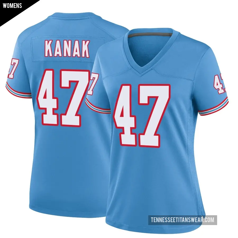 Women's Tennessee Titans ＃47 Jaren Kanak Light Blue Game Oilers Throwback Alternate Jersey