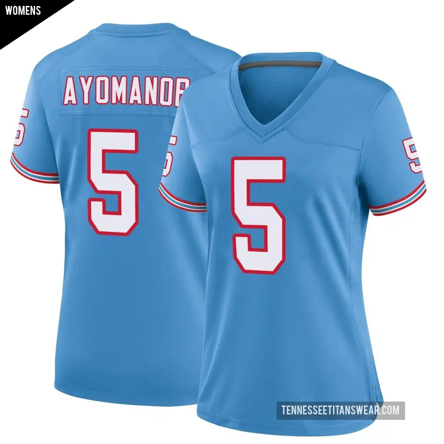 Women's Tennessee Titans ＃5 Elic Ayomanor Light Blue Game Oilers Throwback Alternate Jersey