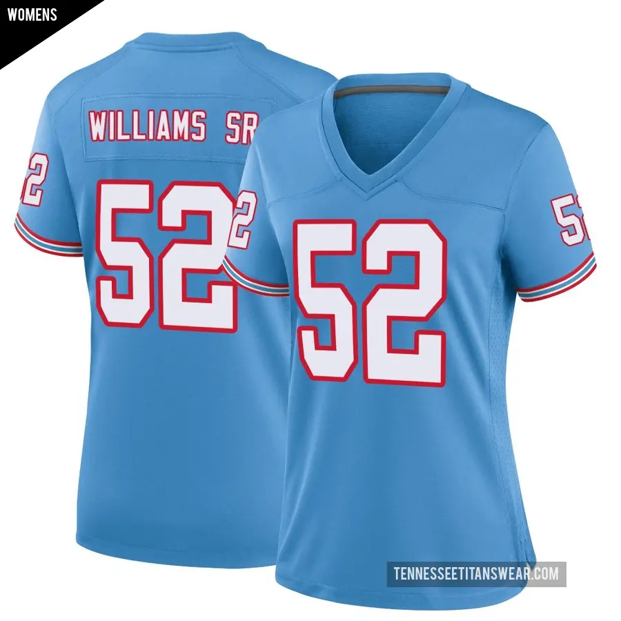 Women's Tennessee Titans ＃52 James Williams Sr. Light Blue Game Oilers Throwback Alternate Jersey