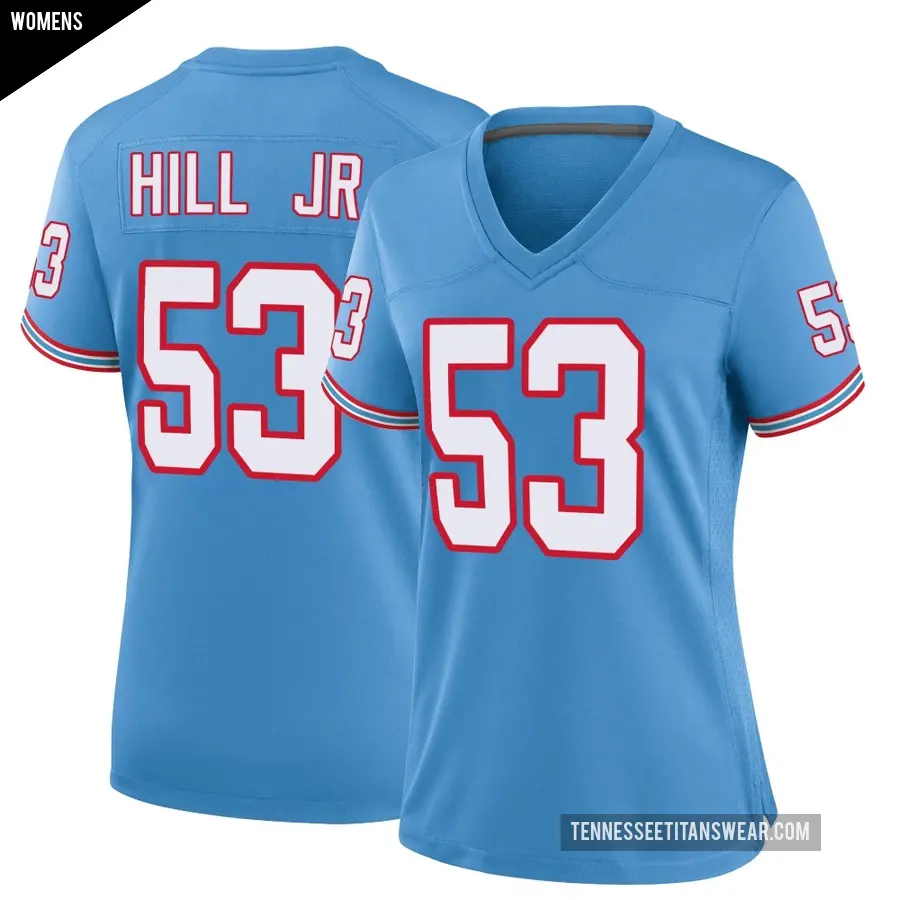 Women's Tennessee Titans ＃53 Anthony Hill Jr. Light Blue Game Oilers Throwback Alternate Jersey