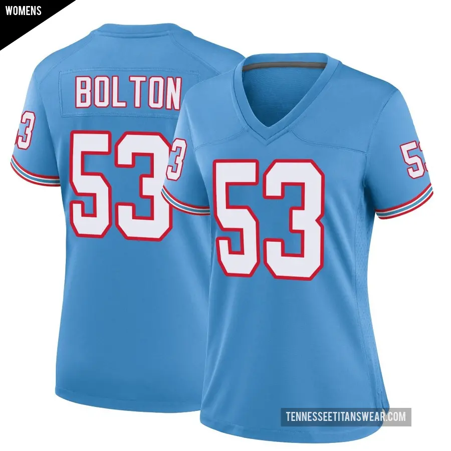Women's Tennessee Titans ＃53 Curtis Bolton III Light Blue Game Oilers Throwback Alternate Jersey