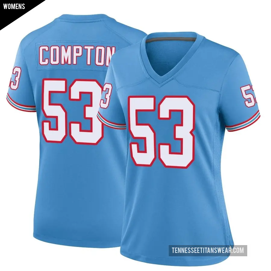 Women's Tennessee Titans ＃53 Will Compton Light Blue Game Oilers Throwback Alternate Jersey