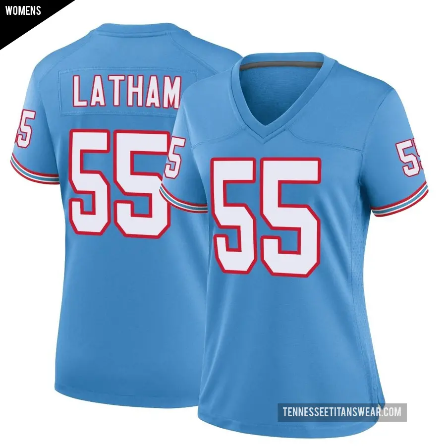 Women's Tennessee Titans ＃55 JC Latham Light Blue Game Oilers Throwback Alternate Jersey