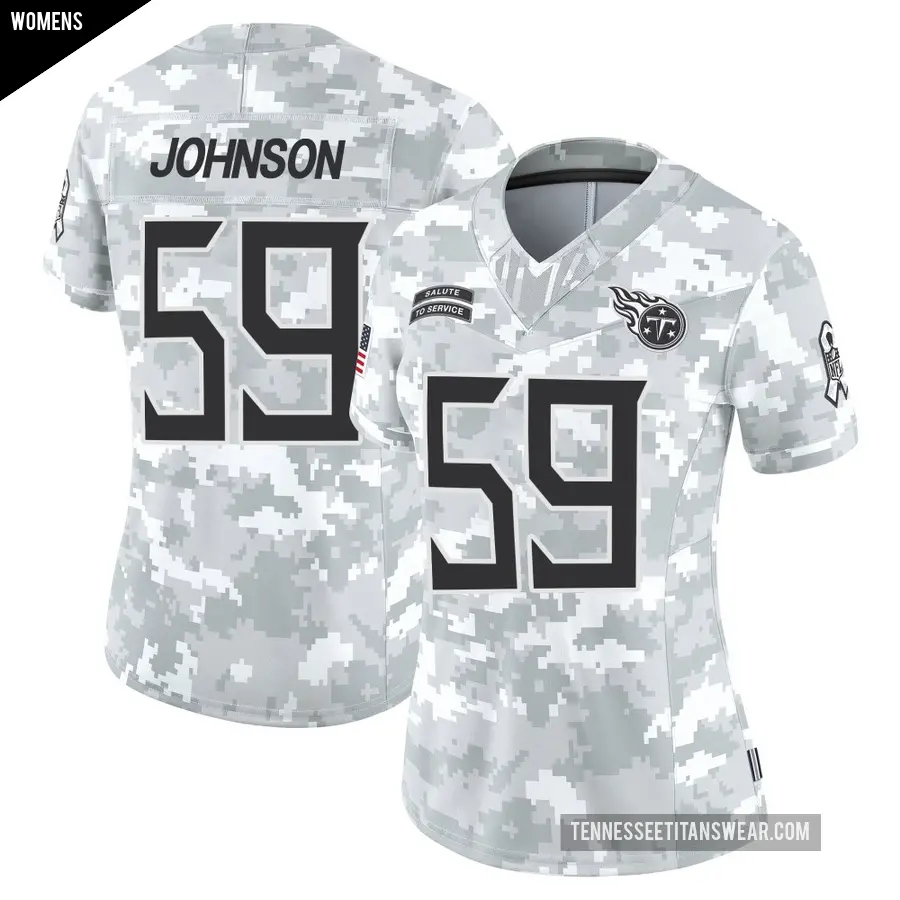 Women's Tennessee Titans ＃59 Kyron Johnson Arctic Camo Limited 2024 Salute to Service Jersey