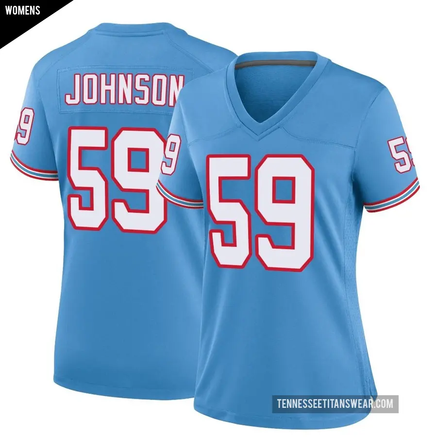 Women's Tennessee Titans ＃59 Kyron Johnson Light Blue Game Oilers Throwback Alternate Jersey