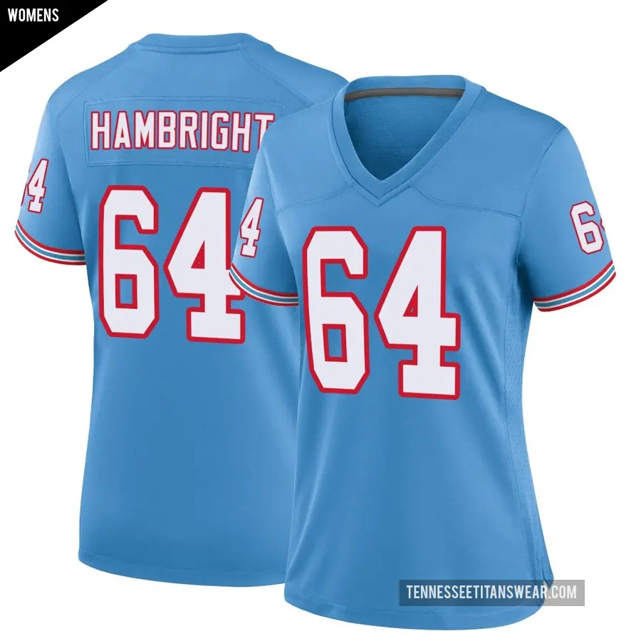 Women's Tennessee Titans ＃64 Arlington Hambright Light Blue Game Oilers Throwback Alternate Jersey