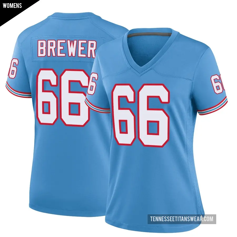 Women's Tennessee Titans ＃66 Chandler Brewer Light Blue Game Oilers Throwback Alternate Jersey