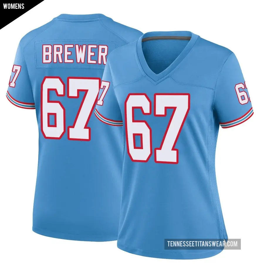 Women's Tennessee Titans ＃67 Chandler Brewer Light Blue Game Oilers Throwback Alternate Jersey