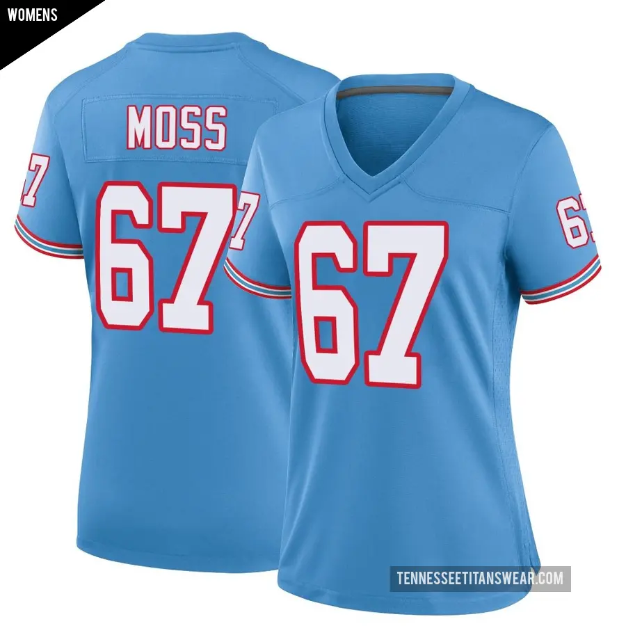 Women's Tennessee Titans ＃67 Drew Moss Light Blue Game Oilers Throwback Alternate Jersey