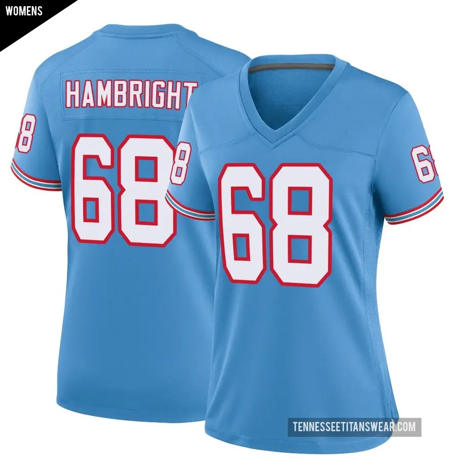 Women's Tennessee Titans ＃68 Arlington Hambright Light Blue Game Oilers Throwback Alternate Jersey