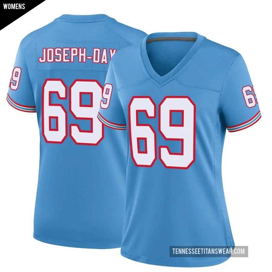 Women's Tennessee Titans ＃69 Sebastian Joseph-Day Light Blue Game Oilers Throwback Alternate Jersey