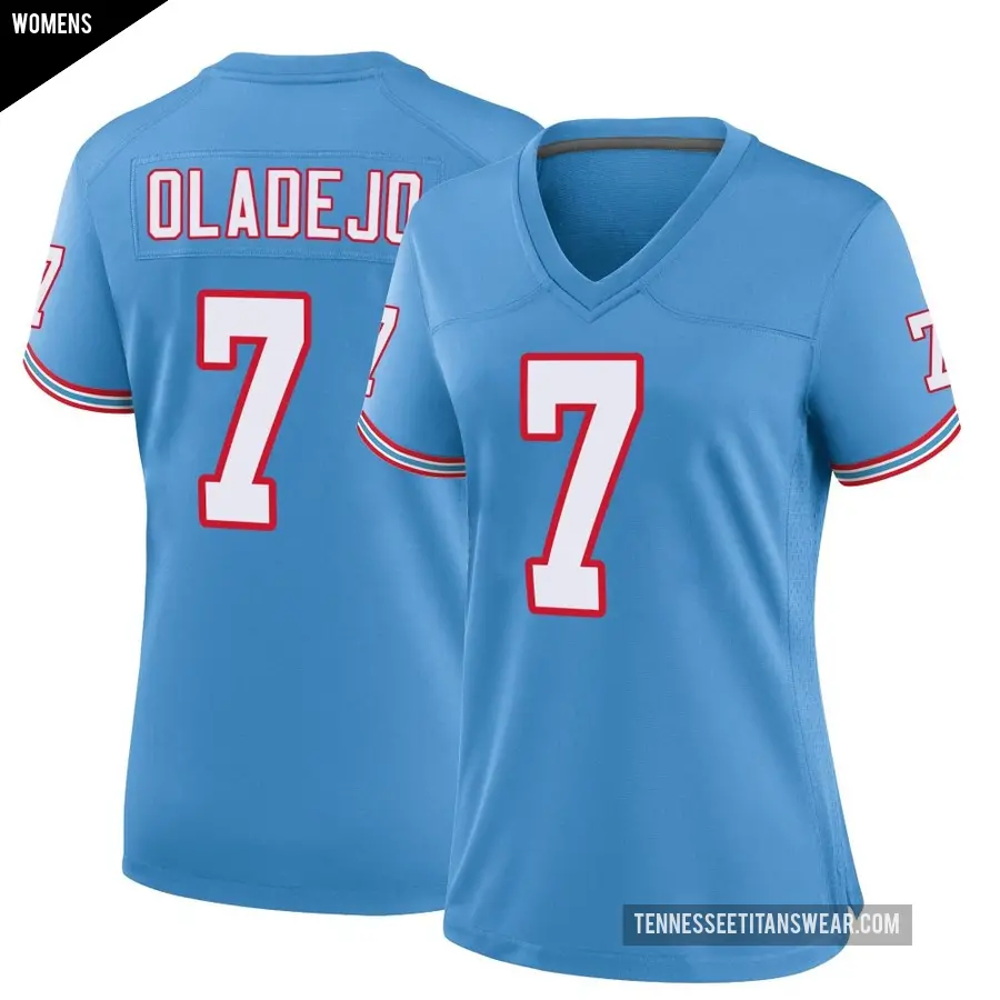 Women's Tennessee Titans ＃7 Oluwafemi Oladejo Light Blue Game Oilers Throwback Alternate Jersey