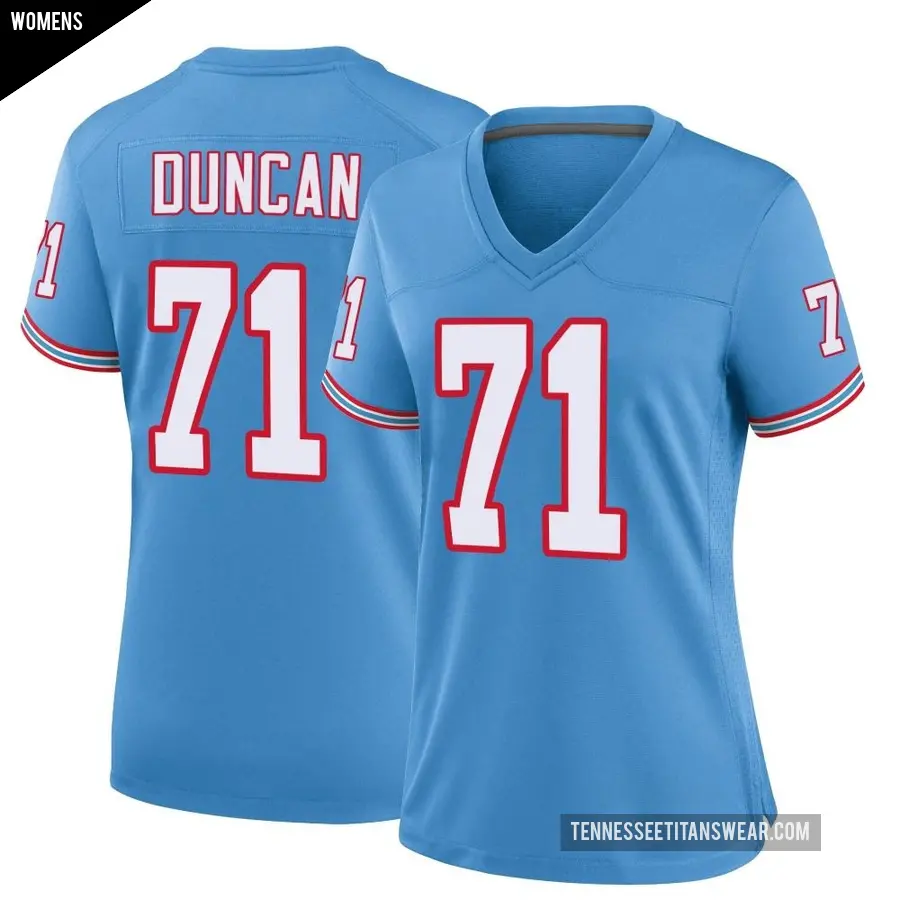 Women's Tennessee Titans ＃71 Jaelyn Duncan Light Blue Game Oilers Throwback Alternate Jersey