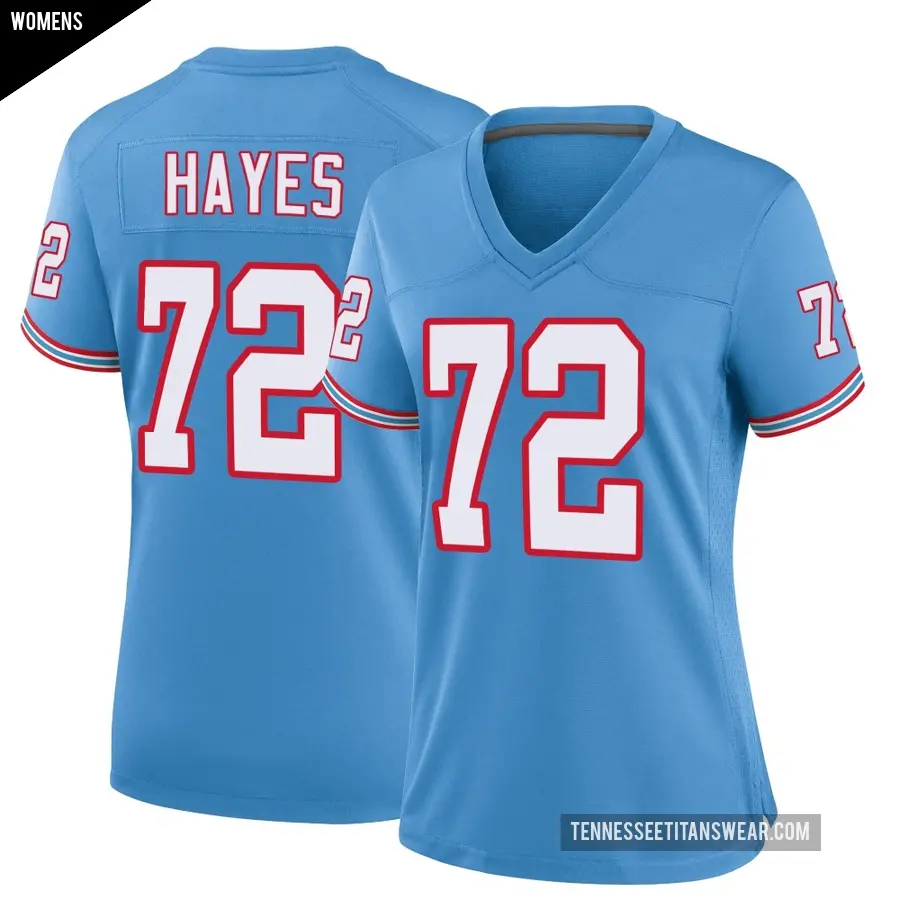 Women's Tennessee Titans ＃72 Ryan Hayes Light Blue Game Oilers Throwback Alternate Jersey