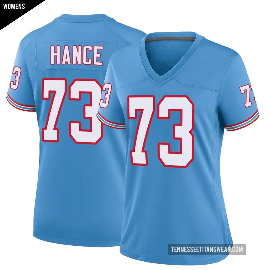 Women's Tennessee Titans ＃73 Blake Hance Light Blue Game Oilers Throwback Alternate Jersey