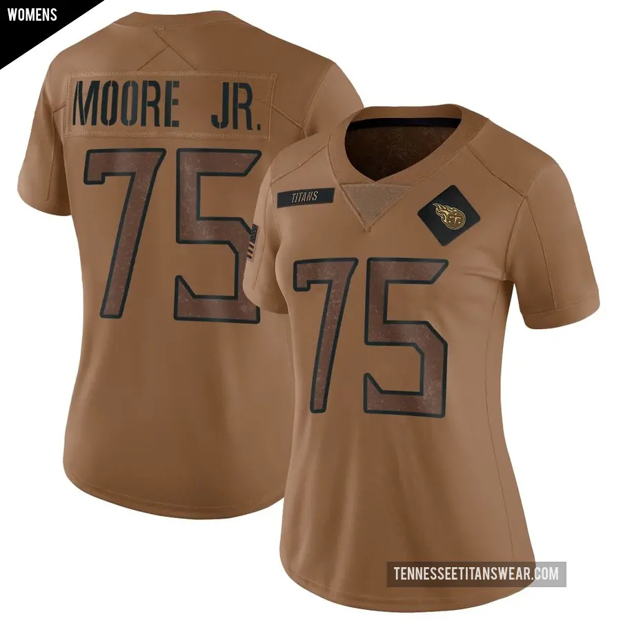 Women's Tennessee Titans ＃75 Dan Moore Jr. Brown Limited 2023 Salute To Service Jersey