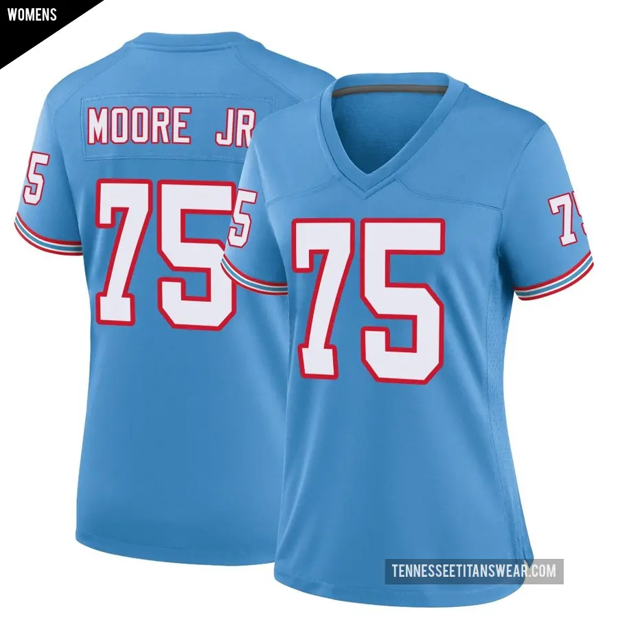 Women's Tennessee Titans ＃75 Dan Moore Jr. Light Blue Game Oilers Throwback Alternate Jersey