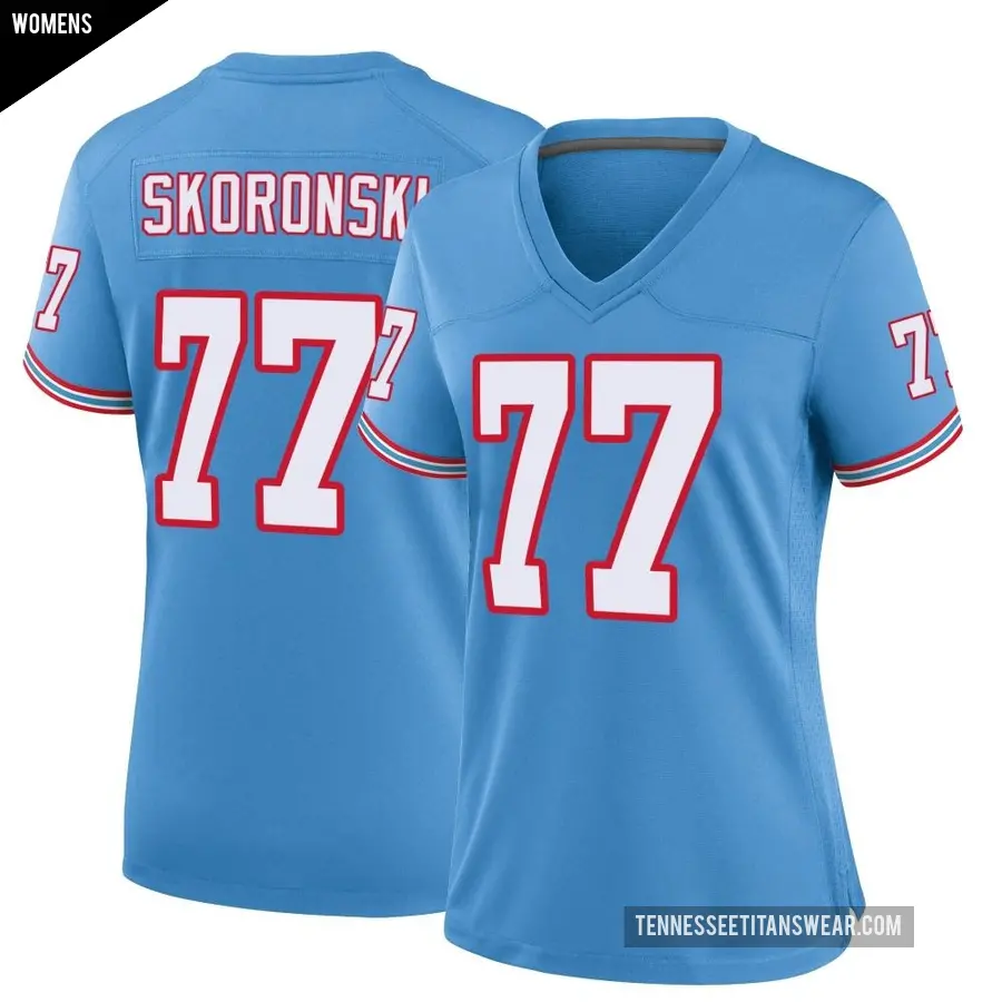 Women's Tennessee Titans ＃77 Peter Skoronski Light Blue Game Oilers Throwback Alternate Jersey