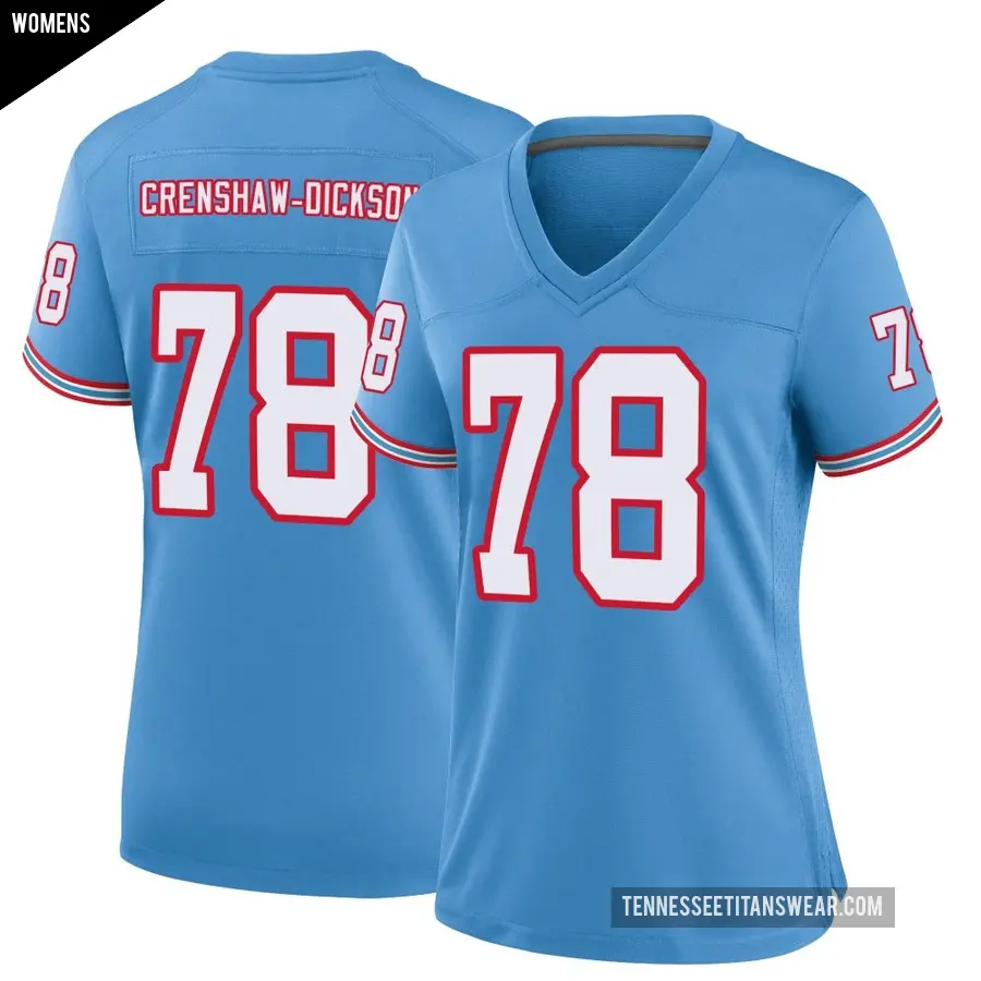 Women's Tennessee Titans ＃78 Brandon Crenshaw-Dickson Light Blue Game Oilers Throwback Alternate Jersey