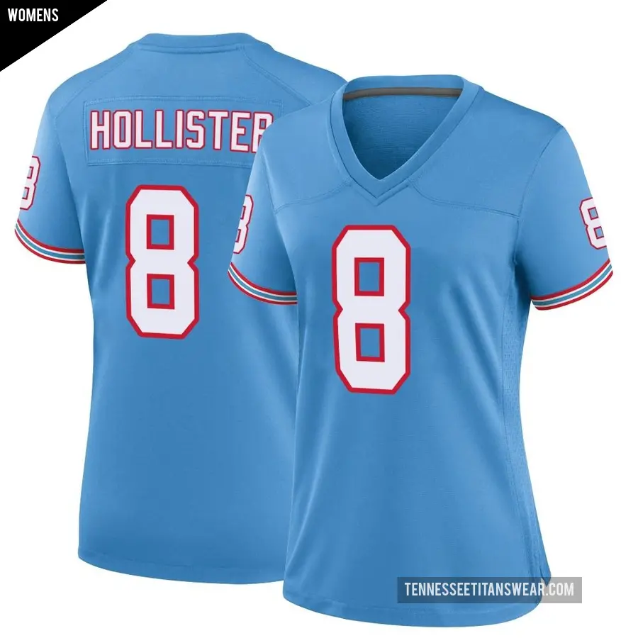 Women's Tennessee Titans ＃8 Cody Hollister Light Blue Game Oilers Throwback Alternate Jersey