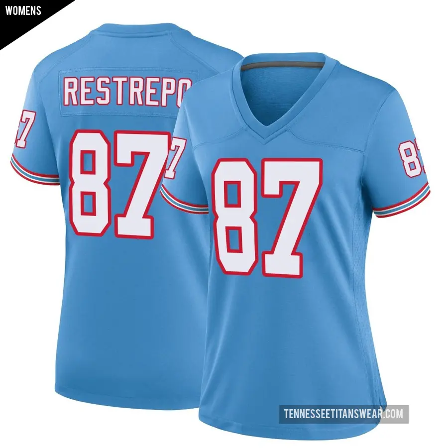 Women's Tennessee Titans ＃87 Xavier Restrepo Light Blue Game Oilers Throwback Alternate Jersey