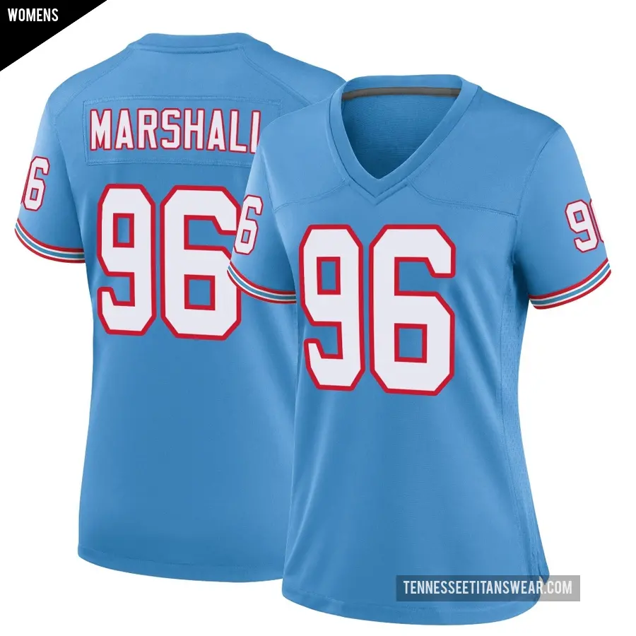 Women's Tennessee Titans ＃96 Jackie Marshall Light Blue Game Oilers Throwback Alternate Jersey