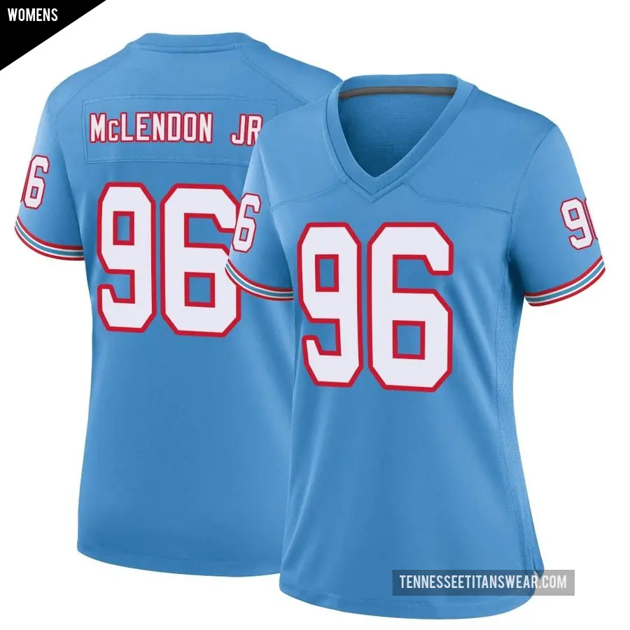 Women's Tennessee Titans ＃96 TK McLendon Jr. Light Blue Game Oilers Throwback Alternate Jersey