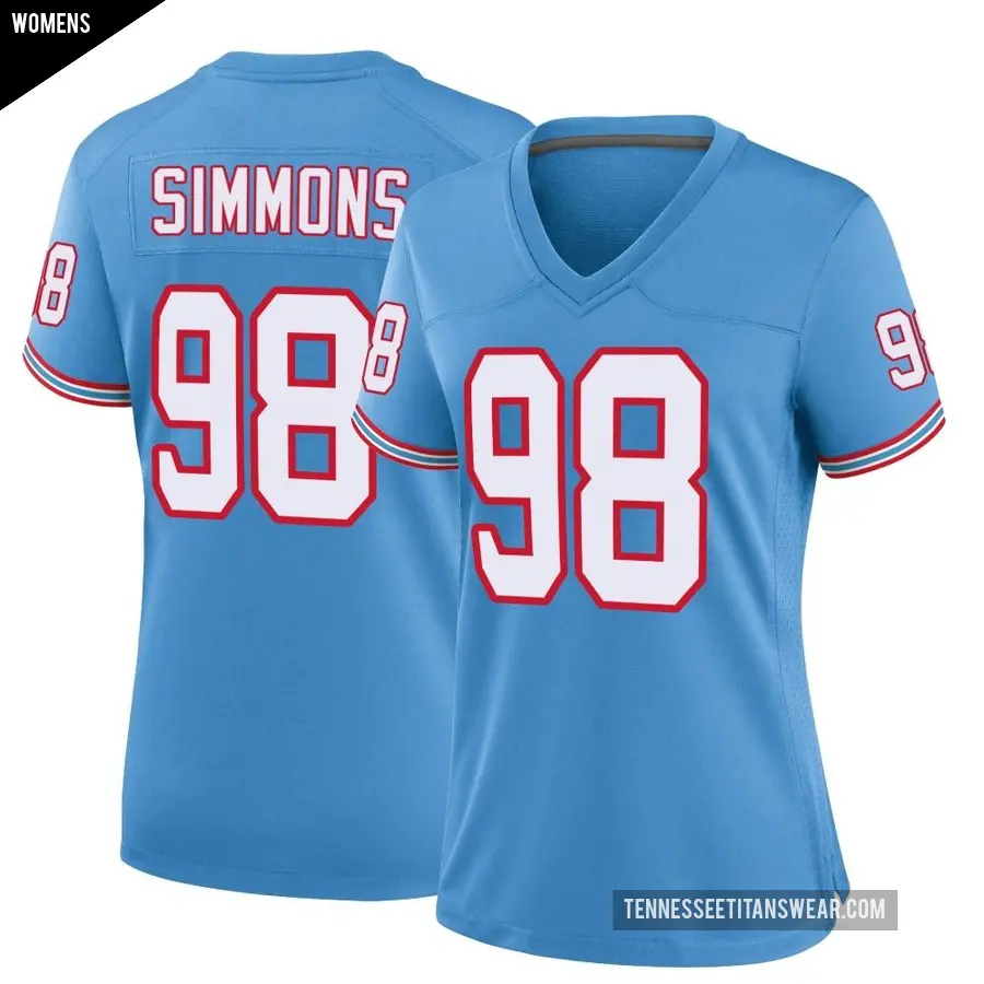 Women's Tennessee Titans ＃98 Jeffery Simmons Light Blue Game Oilers Throwback Alternate Jersey