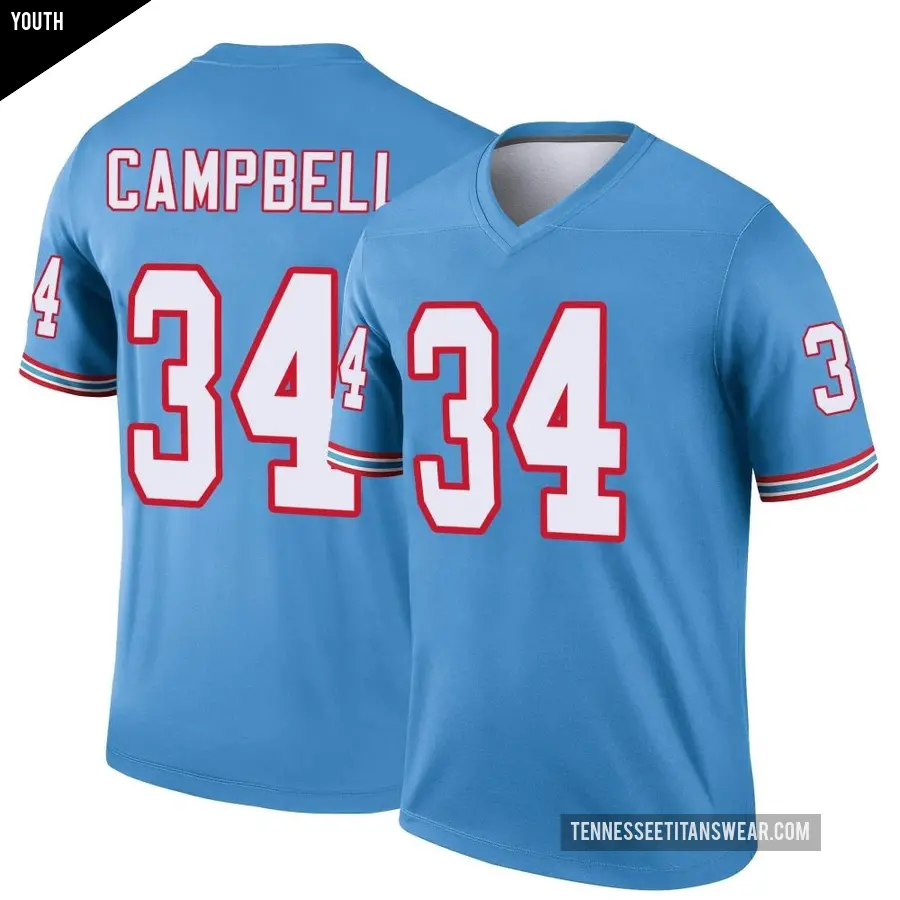 Youth Tennessee Titans ＃34 Earl Campbell Light Blue Legend Oilers Throwback Jersey