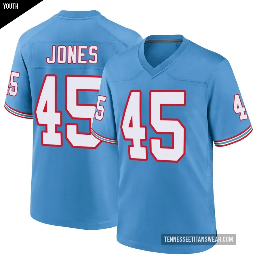 Youth Tennessee Titans ＃45 Dre'Mont Jones Light Blue Game Oilers Throwback Alternate Jersey