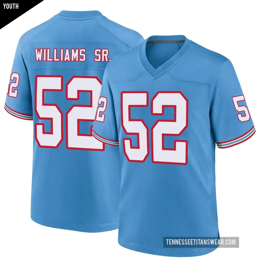 Youth Tennessee Titans ＃52 James Williams Sr. Light Blue Game Oilers Throwback Alternate Jersey