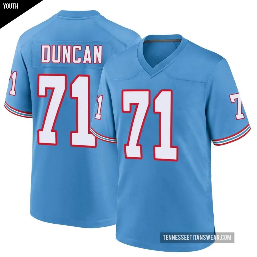 Youth Tennessee Titans ＃71 Jaelyn Duncan Light Blue Game Oilers Throwback Alternate Jersey