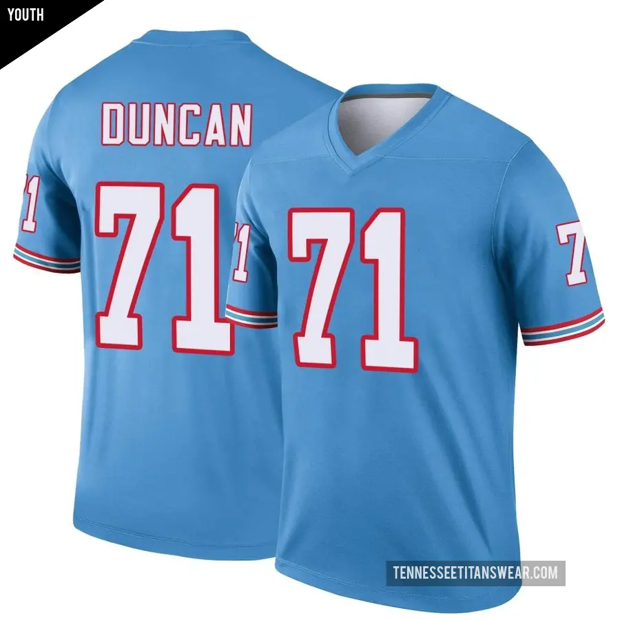 Youth Tennessee Titans ＃71 Jaelyn Duncan Light Blue Legend Oilers Throwback Jersey