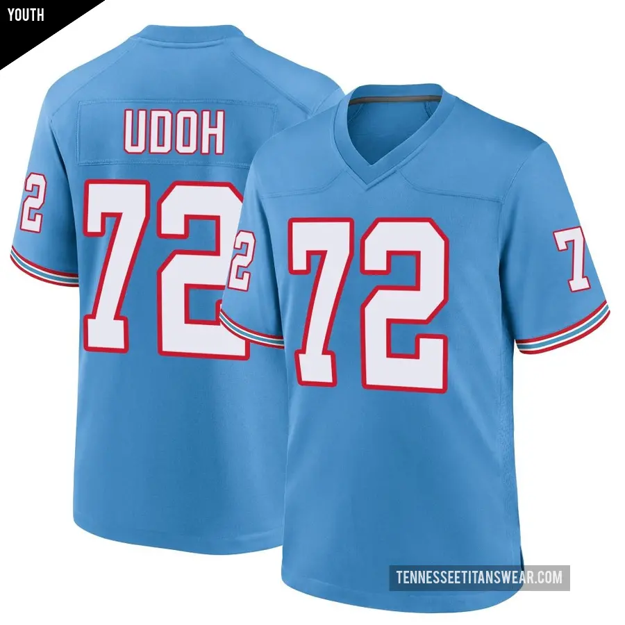 Youth Tennessee Titans ＃72 Olisaemeka Udoh Light Blue Game Oilers Throwback Alternate Jersey