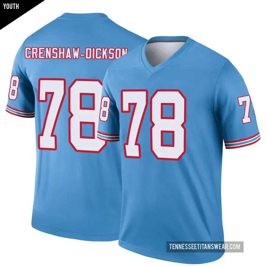 Youth Tennessee Titans ＃78 Brandon Crenshaw-Dickson Light Blue Legend Oilers Throwback Jersey