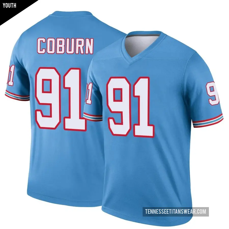 Youth Tennessee Titans ＃91 Keondre Coburn Light Blue Legend Oilers Throwback Jersey
