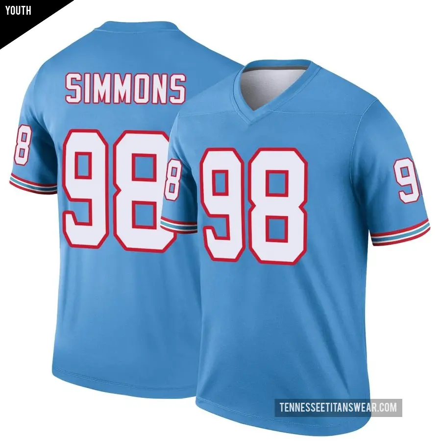 Youth Tennessee Titans ＃98 Jeffery Simmons Light Blue Legend Oilers Throwback Jersey